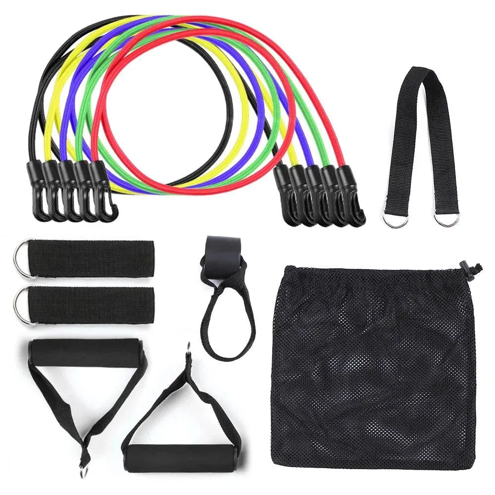 11pcs Resistance Bands Set Workout Fitness Exercise Tube Bands Door Anchor Ankle Straps Cushioned Handles for Home Gym Travel