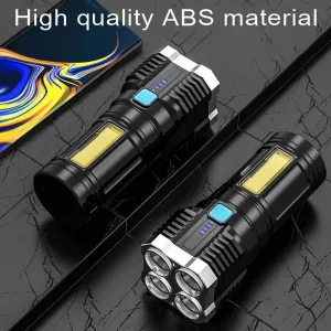 4-core Super Bright LED COB Multi-function Portable Flashlight Built-in Battery USB Rechargeable Outdoor Camping Work Light