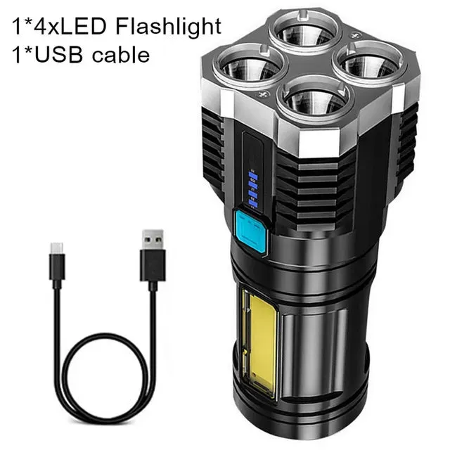 4-core Super Bright LED COB Multi-function Portable Flashlight Built-in Battery USB Rechargeable Outdoor Camping Work Light