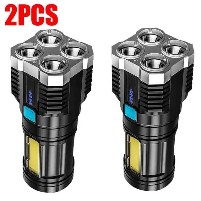 4-core Super Bright LED COB Multi-function Portable Flashlight Built-in Battery USB Rechargeable Outdoor Camping Work Light