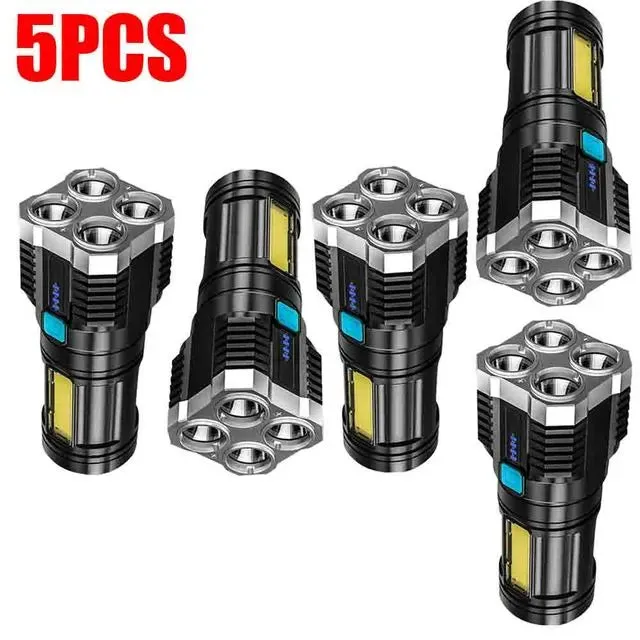 4-core Super Bright LED COB Multi-function Portable Flashlight Built-in Battery USB Rechargeable Outdoor Camping Work Light