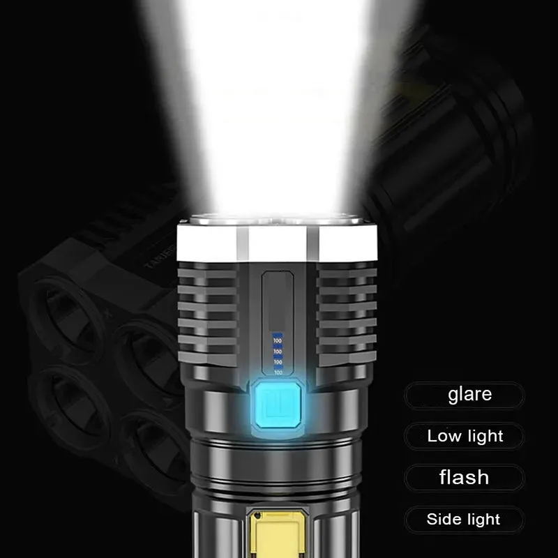 4-core Super Bright LED COB Multi-function Portable Flashlight Built-in Battery USB Rechargeable Outdoor Camping Work Light