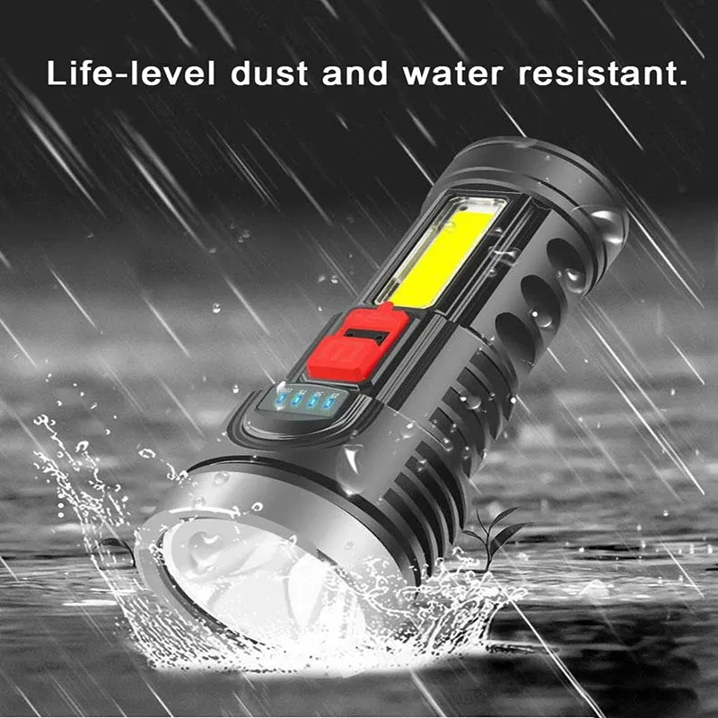 4-core Super Bright LED COB Multi-function Portable Flashlight Built-in Battery USB Rechargeable Outdoor Camping Work Light