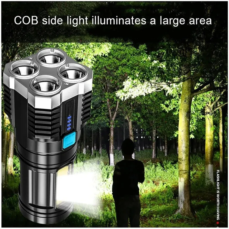4-core Super Bright LED COB Multi-function Portable Flashlight Built-in Battery USB Rechargeable Outdoor Camping Work Light