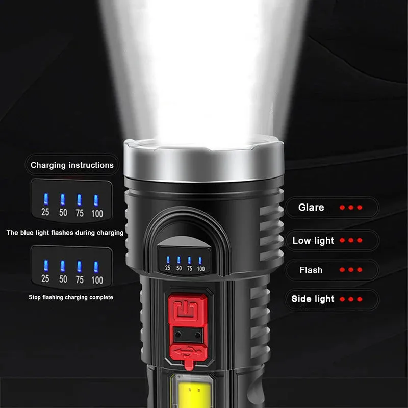 4-core Super Bright LED COB Multi-function Portable Flashlight Built-in Battery USB Rechargeable Outdoor Camping Work Light