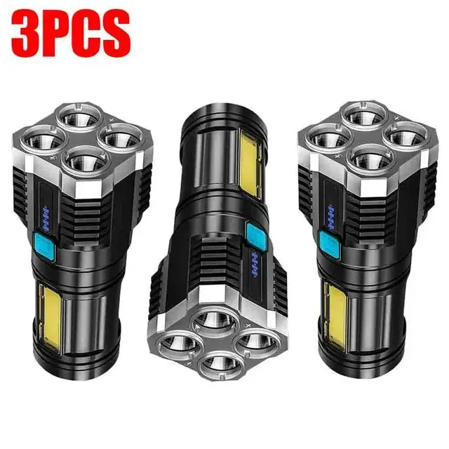 4-core Super Bright LED COB Multi-function Portable Flashlight Built-in Battery USB Rechargeable Outdoor Camping Work Light