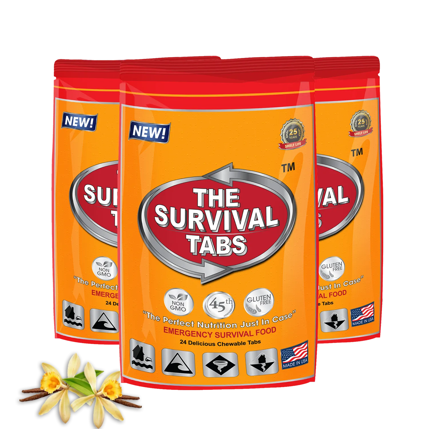 6 days Emergency survival food tabs none-GMO gluten-free 25 years shelf life 24 Tabs Vanilla x 3 pouches