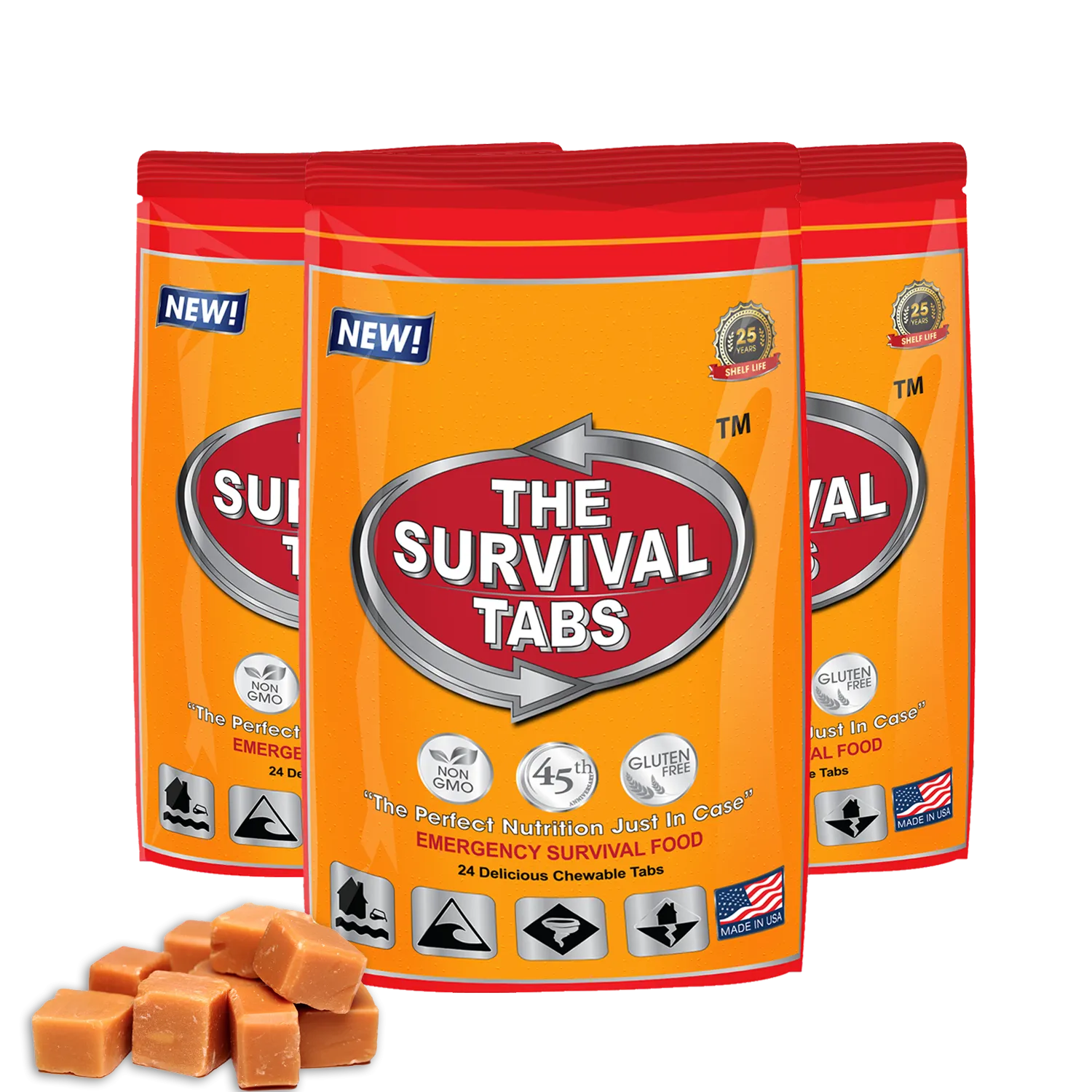 6 days Emergency Survival Tabs none-GMO gluten-free 25 years shelf life 24 Tabs Buttescotch x 3 pouches