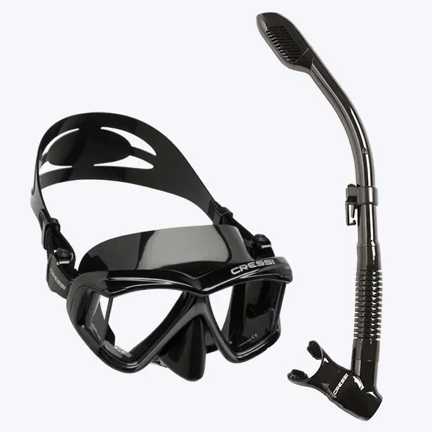 Cressi Diving Swimming Mask Snorkeling Set Scuba Snorkel Silicone Skirt Four-Lens Panoramic for Adults Pano4 Dry