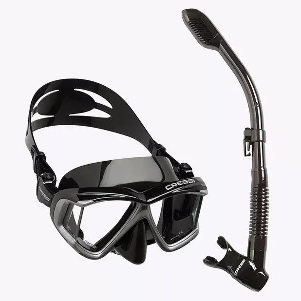 Cressi Diving Swimming Mask Snorkeling Set Scuba Snorkel Silicone Skirt Four-Lens Panoramic for Adults Pano4 Dry