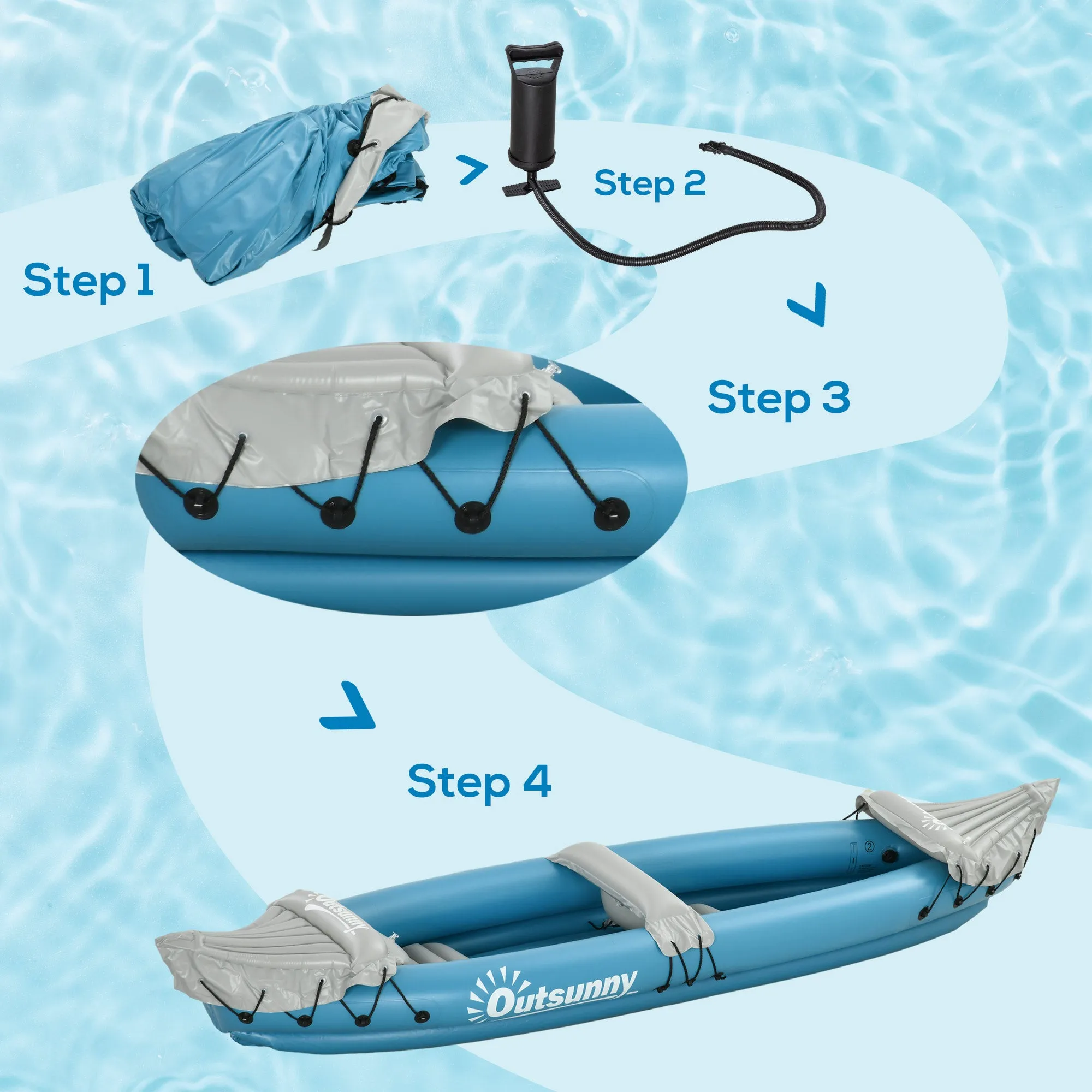 Inflatable Kayak, Two-Person Inflatable Canoe Boat Set with Air Pump, Aluminium Oars, 318 x 80 x 50cm - Blue