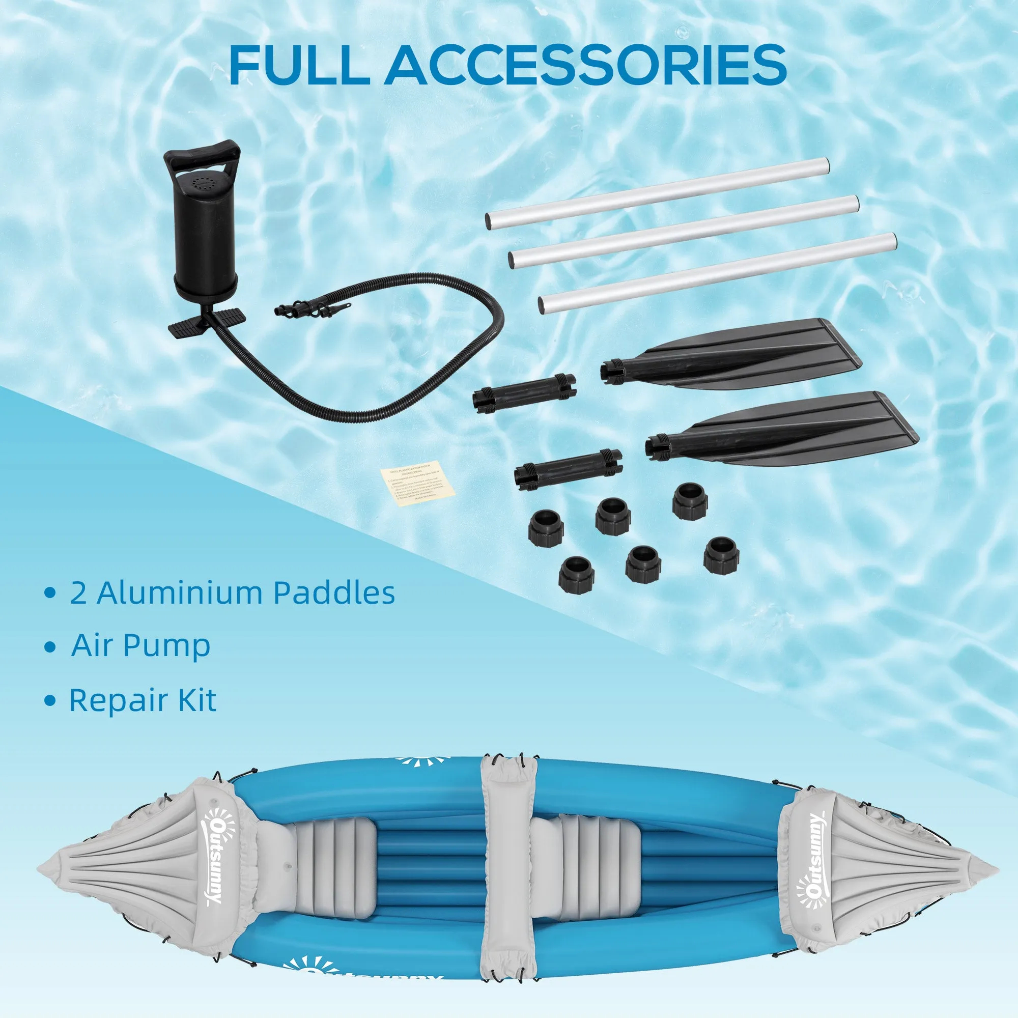 Inflatable Kayak, Two-Person Inflatable Canoe Boat Set with Air Pump, Aluminium Oars, 318 x 80 x 50cm - Blue