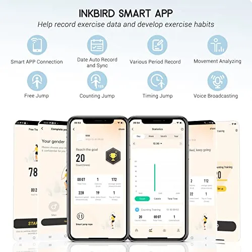 INKBIRD Smart Jump Rope, Fitness Skipping Rope with APP Data Analysis, Workout Rechargeable Jump Ropes for Home Gym, Crossfit, Jumping Rope Counter for Exercise for Men, Women, Two Mode to Skip Rope