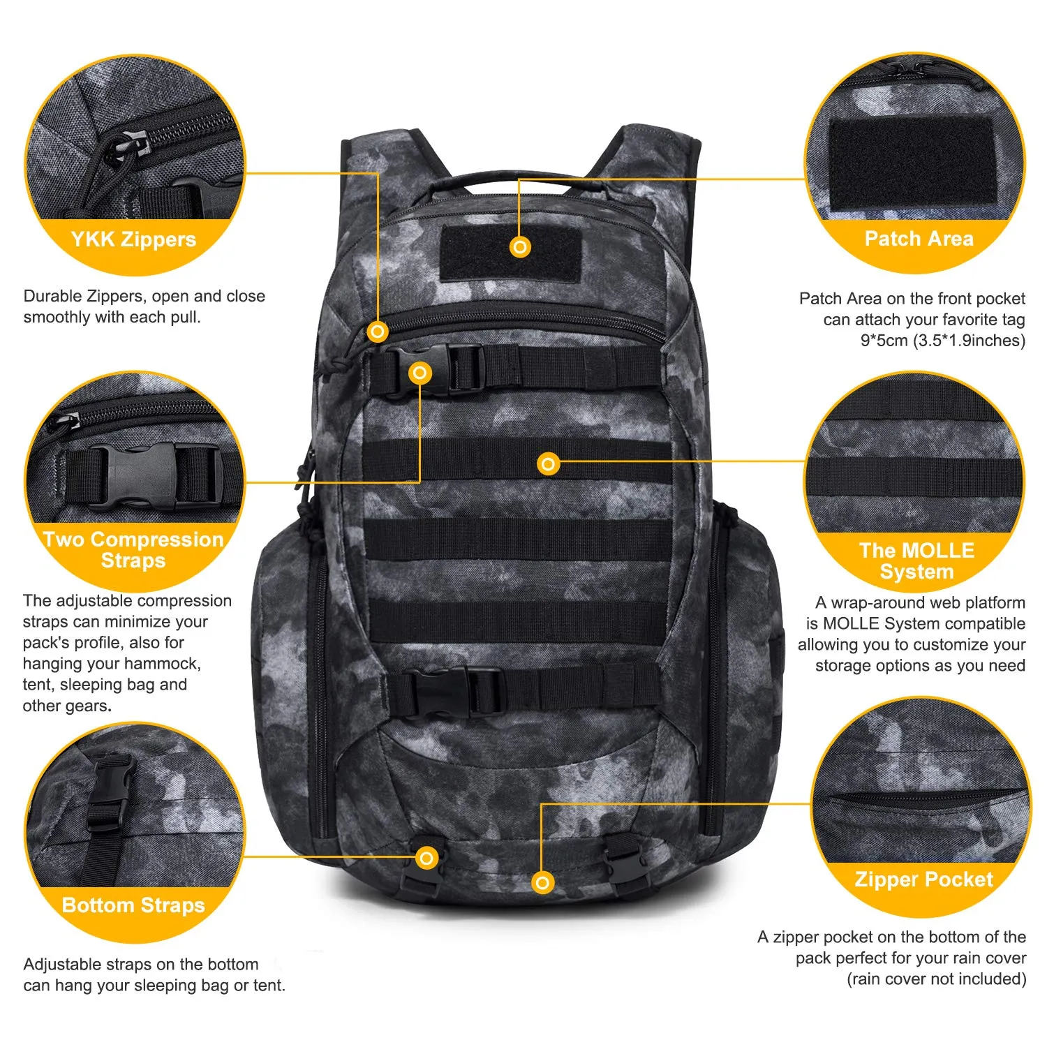 Mardingtop 28L Tactical Backpacks Molle Hiking daypacks for Camping Hiking Military Traveling Motorcycle (28L-Black Camouflage)