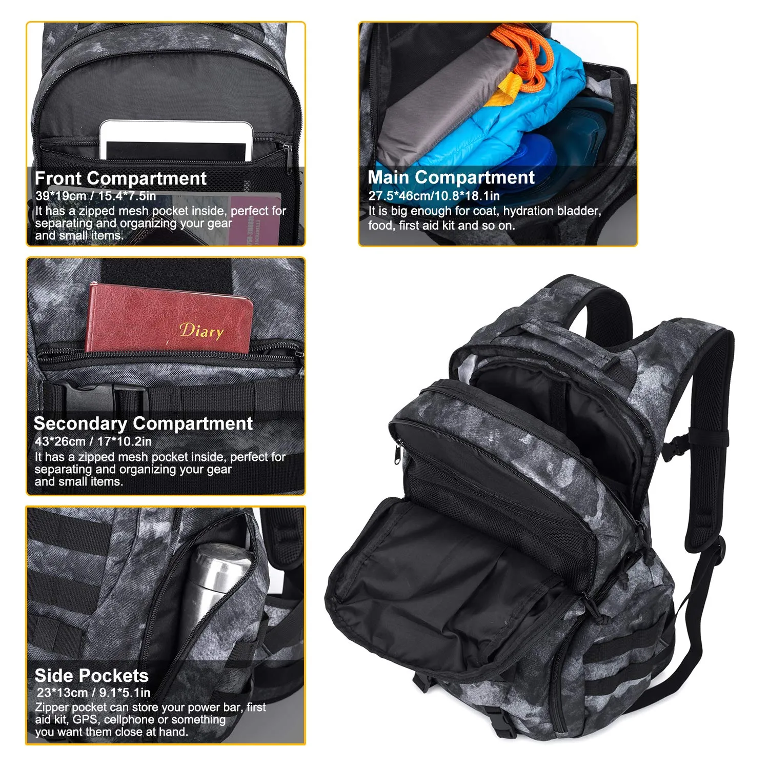 Mardingtop 28L Tactical Backpacks Molle Hiking daypacks for Camping Hiking Military Traveling Motorcycle (28L-Black Camouflage)