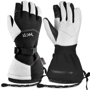 MCTi Goatskin Leather Ski Gloves Men's Waterproof Touch Screen Long Gauntlet for Snowboarding Mountaineering