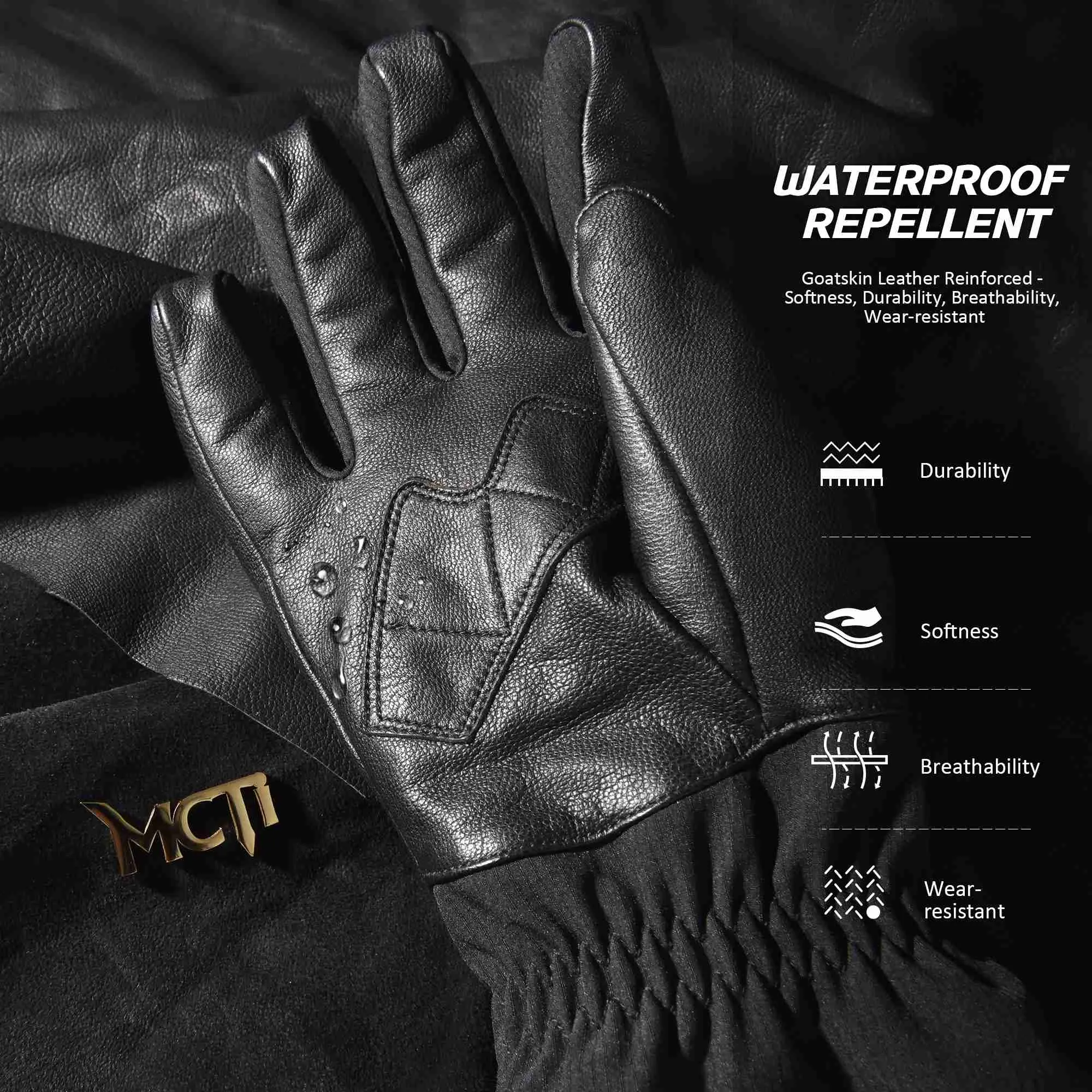 MCTi Goatskin Leather Ski Gloves Men's Waterproof Touch Screen Long Gauntlet for Snowboarding Mountaineering