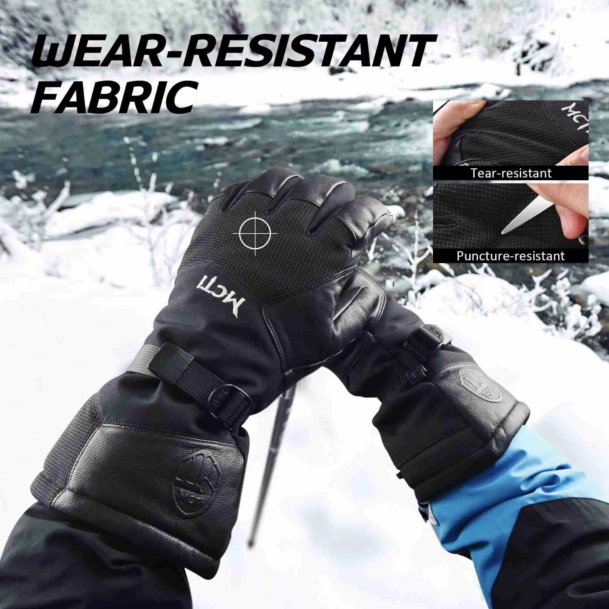 MCTi Goatskin Leather Ski Gloves Men's Waterproof Touch Screen Long Gauntlet for Snowboarding Mountaineering