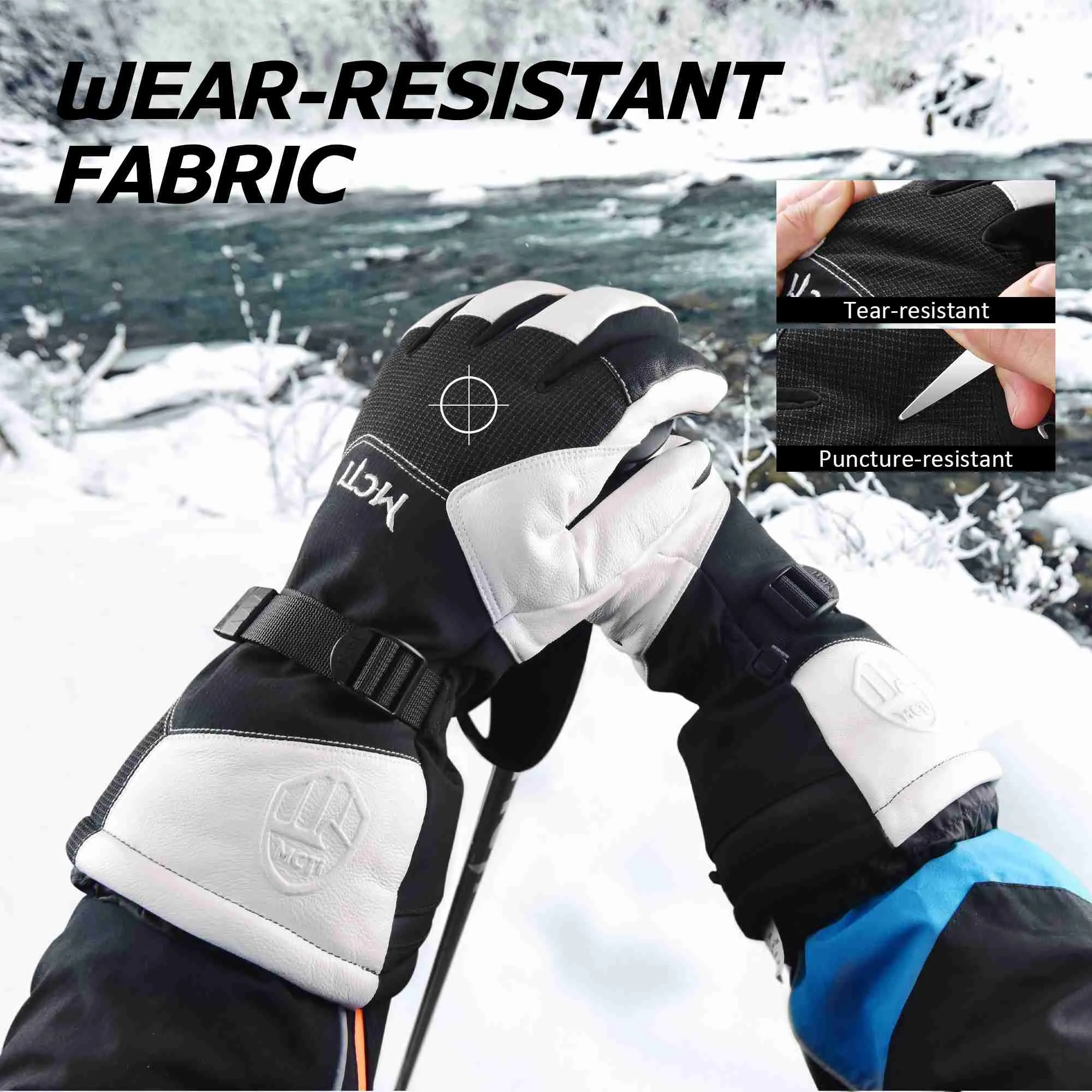 MCTi Goatskin Leather Ski Gloves Men's Waterproof Touch Screen Long Gauntlet for Snowboarding Mountaineering