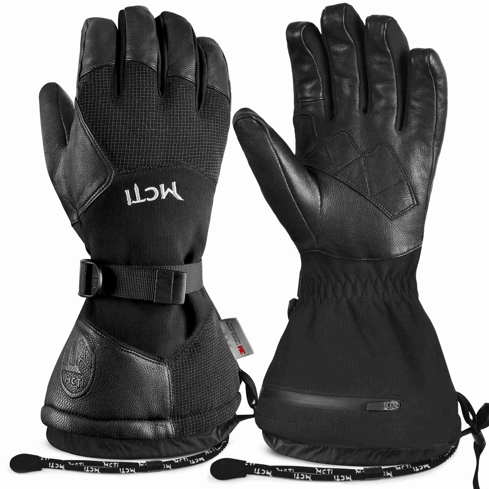 MCTi Goatskin Leather Ski Gloves Men's Waterproof Touch Screen Long Gauntlet for Snowboarding Mountaineering