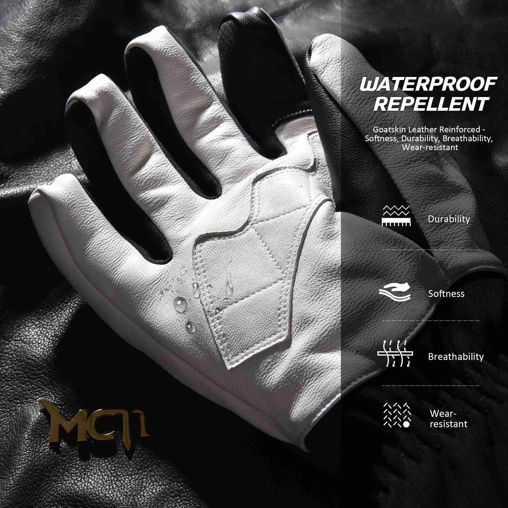 MCTi Goatskin Leather Ski Gloves Men's Waterproof Touch Screen Long Gauntlet for Snowboarding Mountaineering