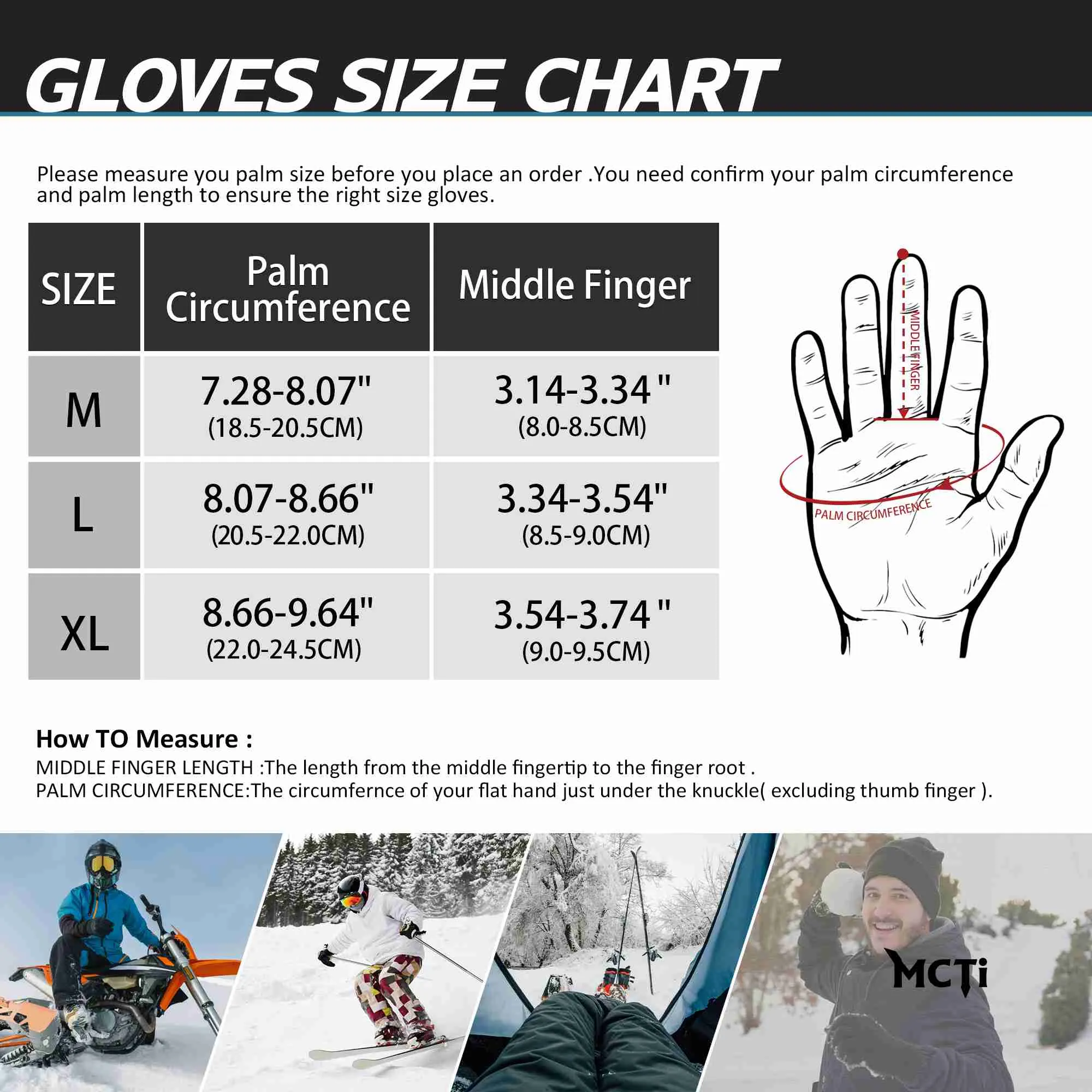 MCTi Goatskin Leather Ski Gloves Men's Waterproof Touch Screen Long Gauntlet for Snowboarding Mountaineering