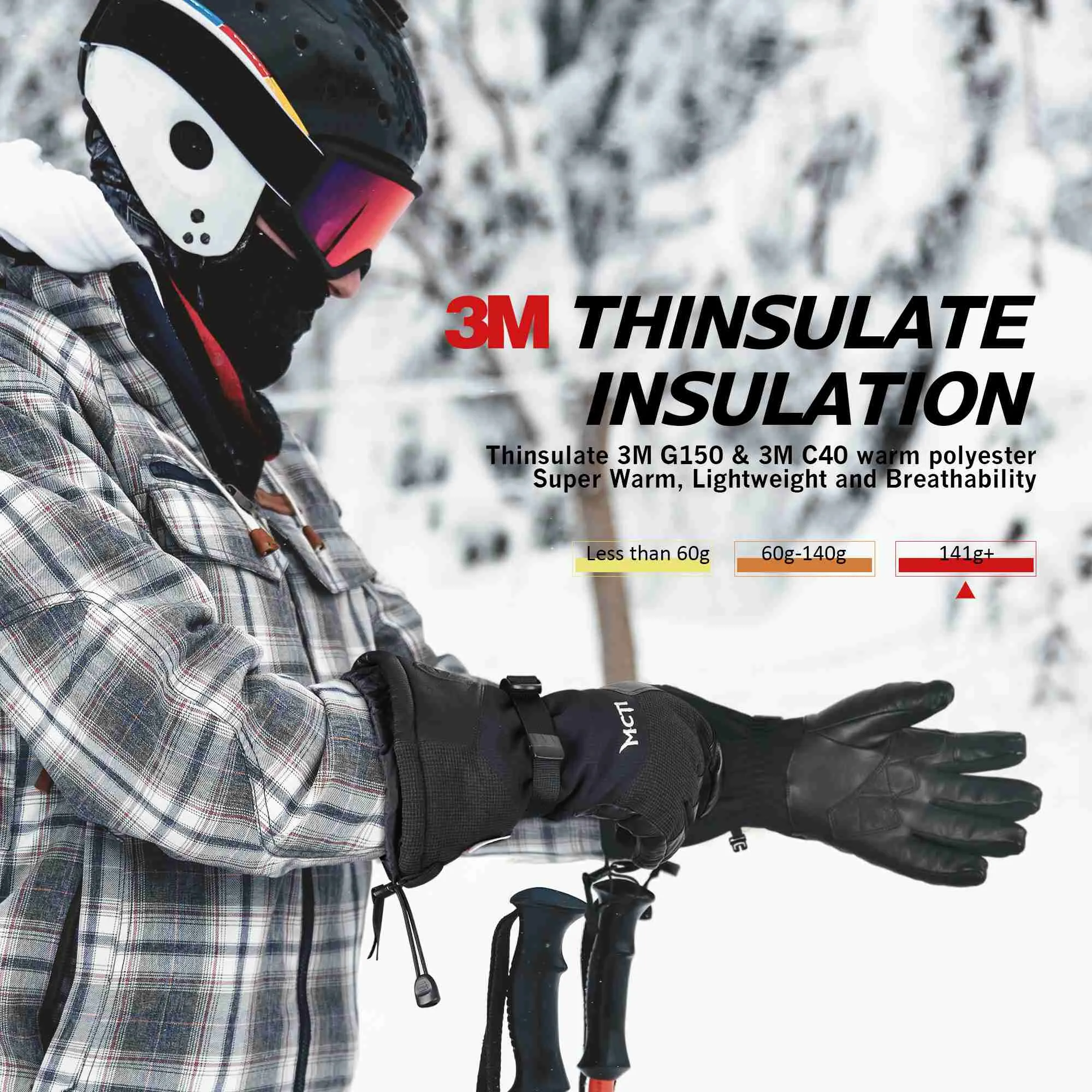 MCTi Goatskin Leather Ski Gloves Men's Waterproof Touch Screen Long Gauntlet for Snowboarding Mountaineering