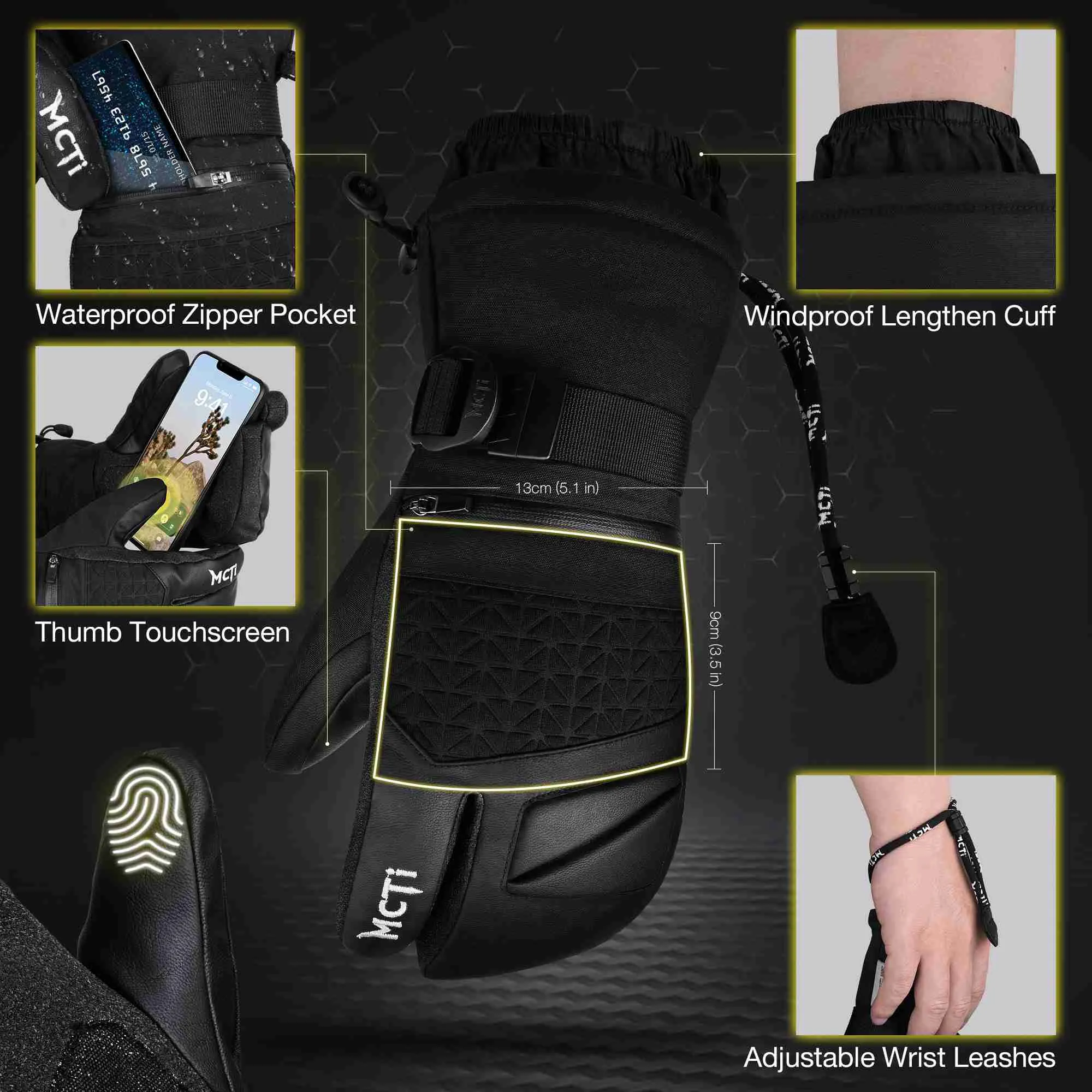 MCTi Snowboard Gloves with Wrist Guard 3-Finger Waterproof Mittens for Winter Snow Skiing