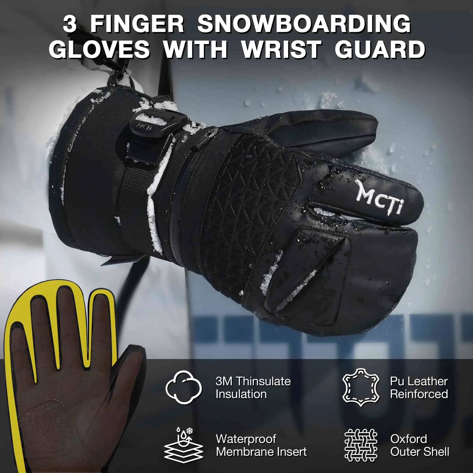 MCTi Snowboard Gloves with Wrist Guard 3-Finger Waterproof Mittens for Winter Snow Skiing