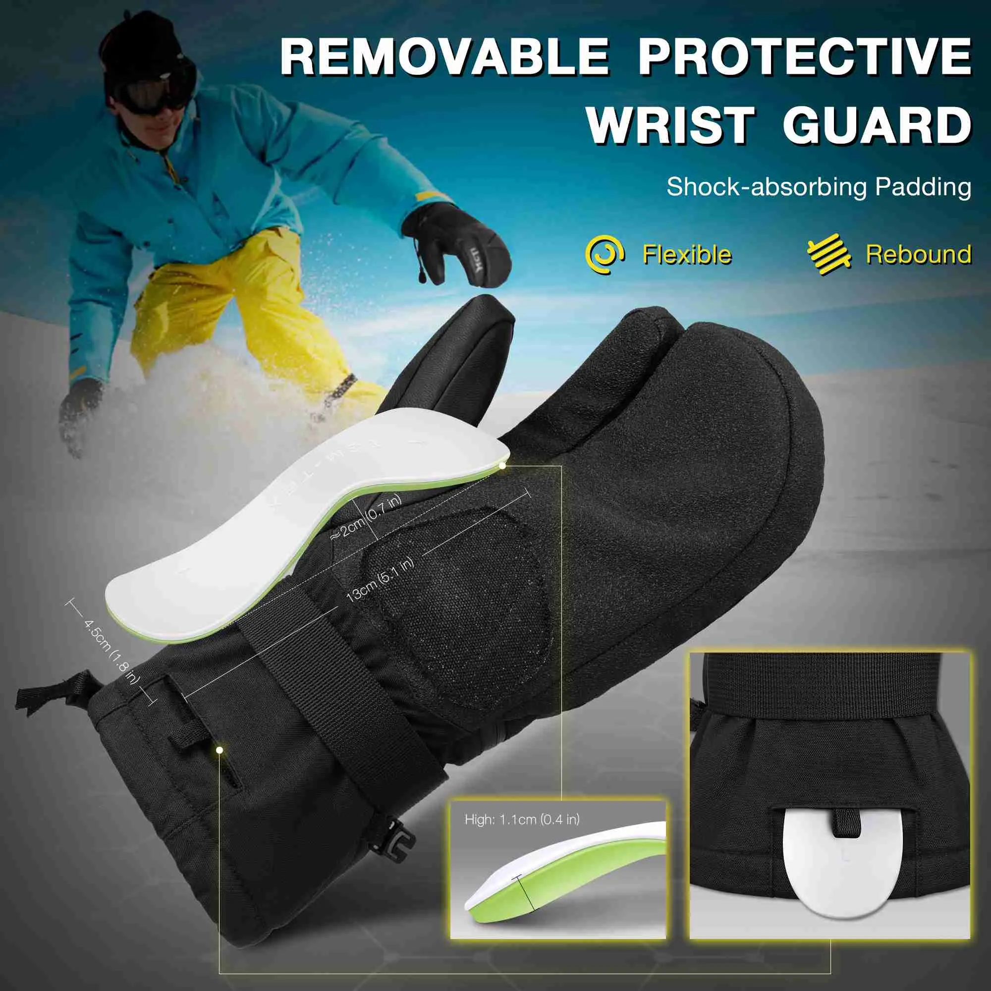 MCTi Snowboard Gloves with Wrist Guard 3-Finger Waterproof Mittens for Winter Snow Skiing