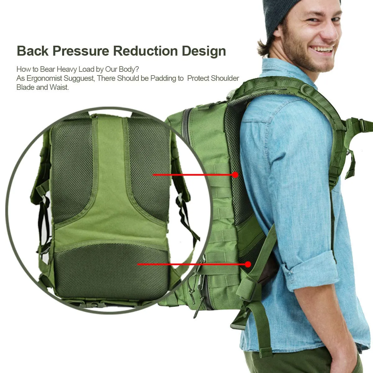 NOOLA Military Tactical Backpack Large Army 3 Day Assault Pack Molle Bag Green