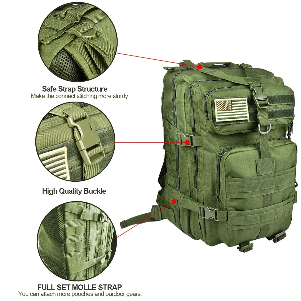 NOOLA Military Tactical Backpack Large Army 3 Day Assault Pack Molle Bag Green
