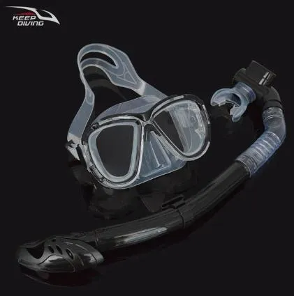 Scuba Diving Snorkeling Gear Set Plano Lenses Mask / Dry Top Snorkel Adults Transparent black SM-409T