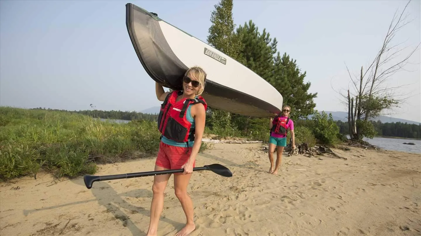 Sea Eagle TC-16 Inflatable Travel Canoe 3 Person with Traditional Style Wood/Web - Electric Pump Package