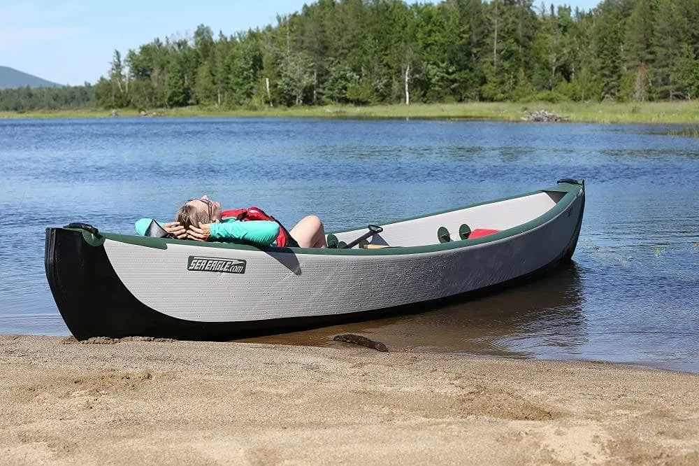 Sea Eagle TC-16 Inflatable Travel Canoe 3 Person with Traditional Style Wood/Web - Electric Pump Package