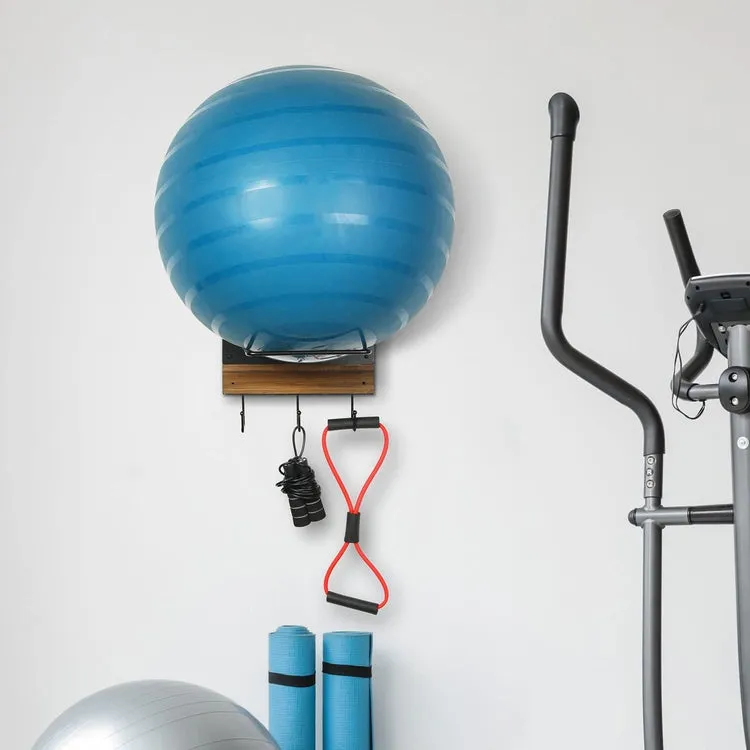 Wood and Black Metal Wall Mounted Exercise Ball Organizer with 3 Bottom Storage Hooks, Medicine Ball Equipment Holder