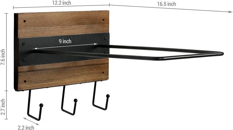 Wood and Black Metal Wall Mounted Exercise Ball Organizer with 3 Bottom Storage Hooks, Medicine Ball Equipment Holder