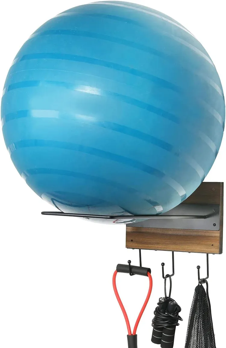 Wood and Black Metal Wall Mounted Exercise Ball Organizer with 3 Bottom Storage Hooks, Medicine Ball Equipment Holder