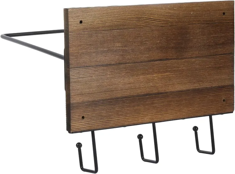 Wood and Black Metal Wall Mounted Exercise Ball Organizer with 3 Bottom Storage Hooks, Medicine Ball Equipment Holder