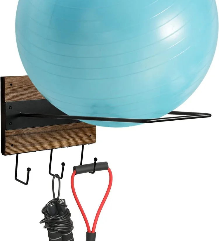 Wood and Black Metal Wall Mounted Exercise Ball Organizer with 3 Bottom Storage Hooks, Medicine Ball Equipment Holder